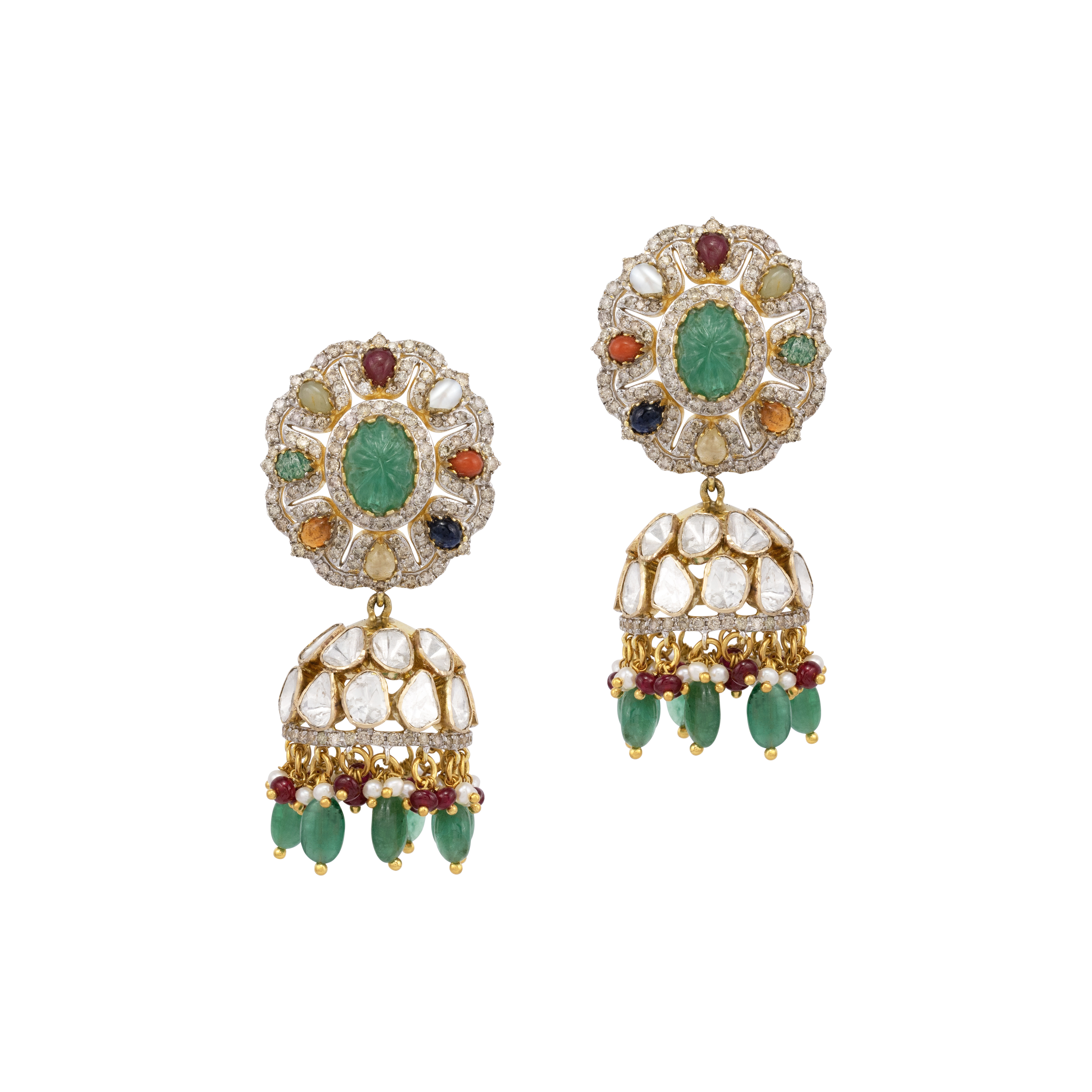 Carved Emerald Navratan Jhumki with Polki Dome